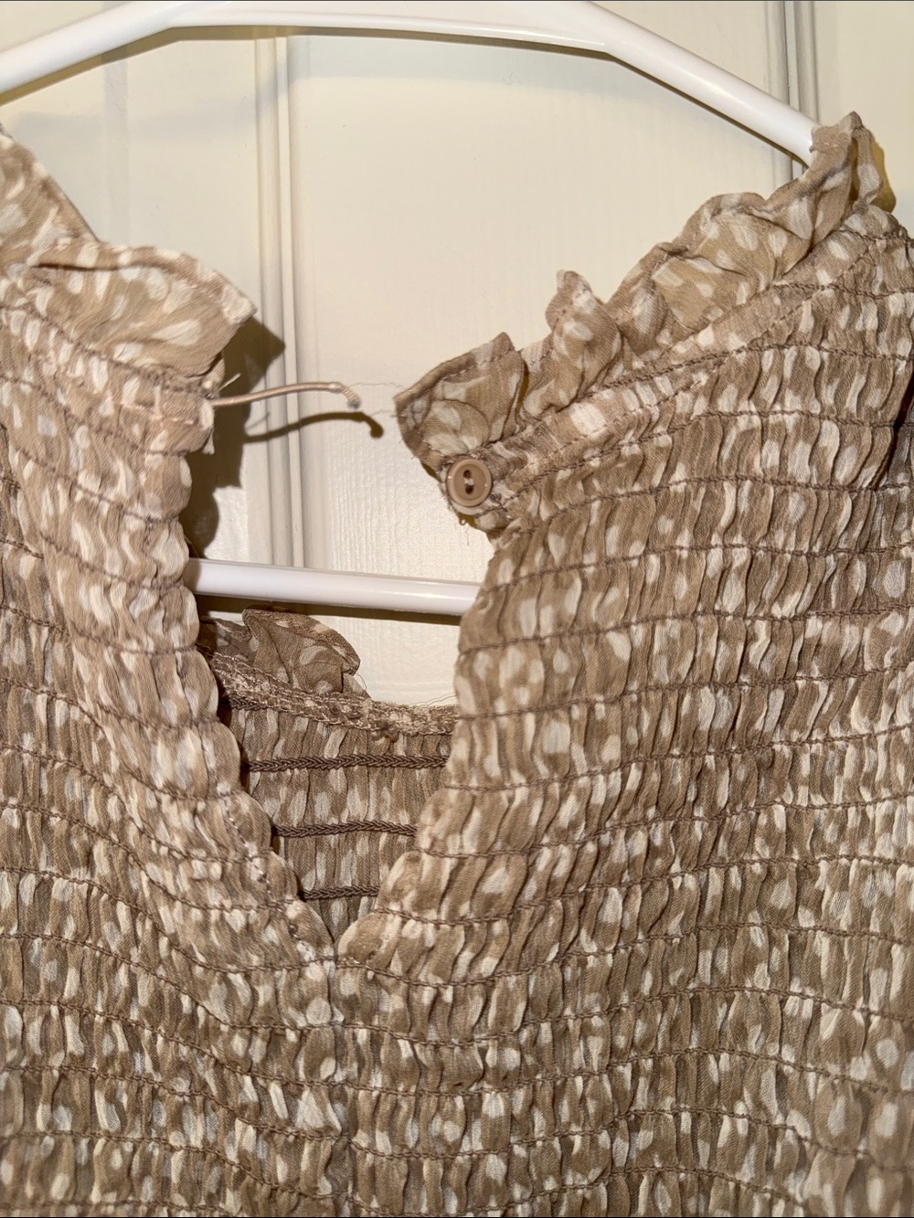 Express Neutral Smocked Ruffled Neck Blouse - Picture 7 of 7